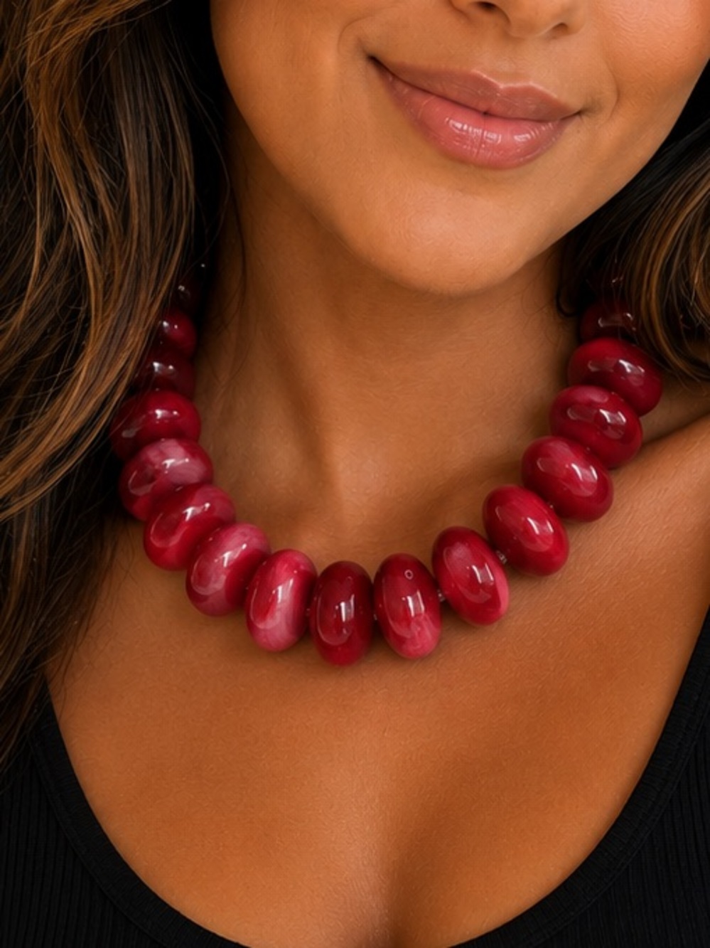Dark Red Agate Oval Pebble Necklace - Beaded Necklace for Women